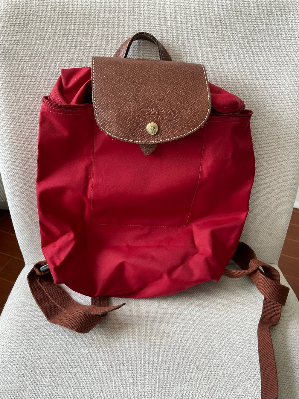 Longchamp Red Nylon Backpack with Brown Leather Flap